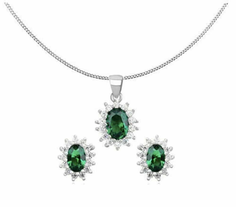 Sterling Silver Emerald Green Cluster Necklace & Earring Set